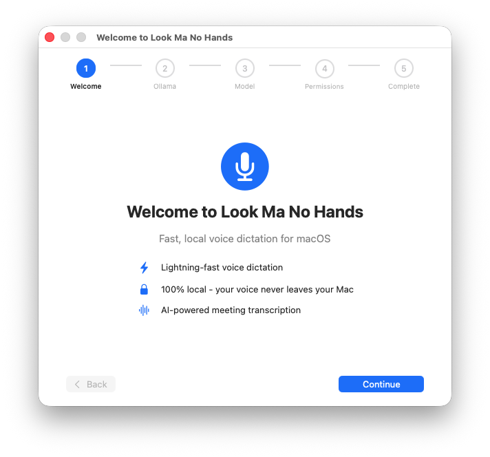 Welcome screen — three core promises