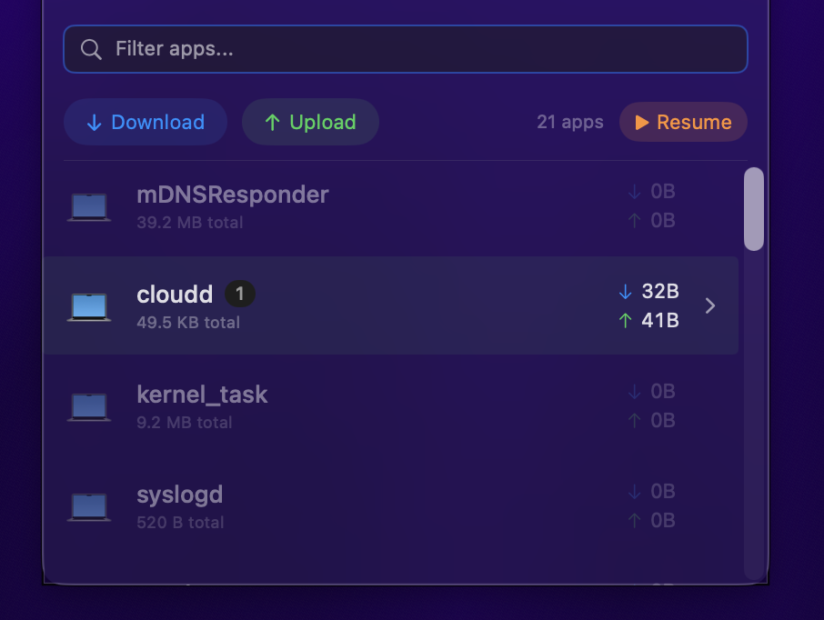 Per-app traffic breakdown showing individual application network usage