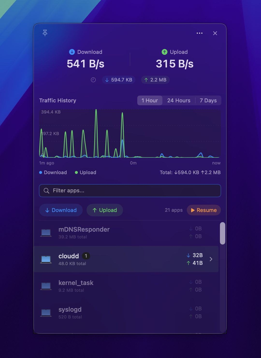 Spook full application panel showing speed stats, traffic history graph, and per-app breakdown