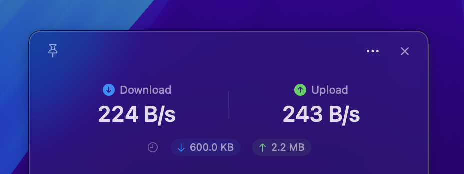 Speed overview panel with current upload and download rates